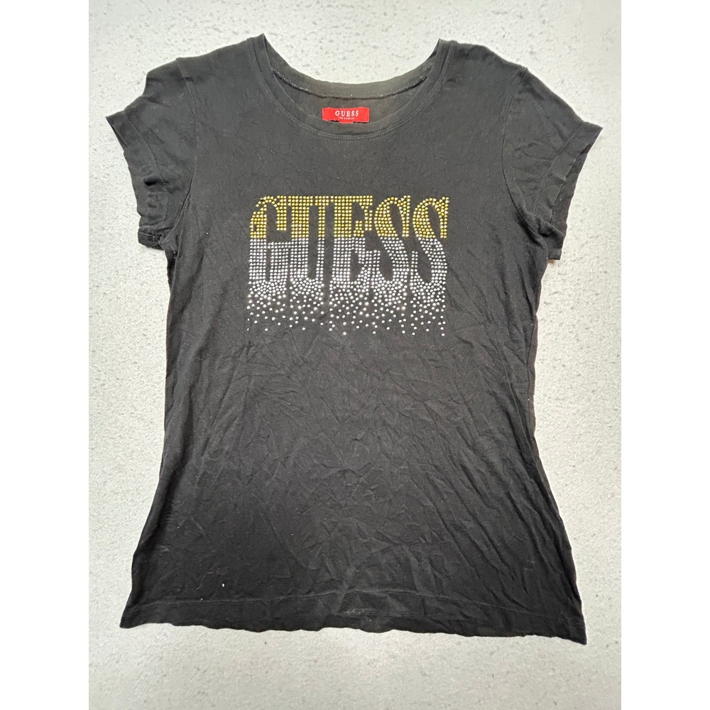 Guess T-Shirt Cotton Blend Black Rhinestone Logo Large Womens